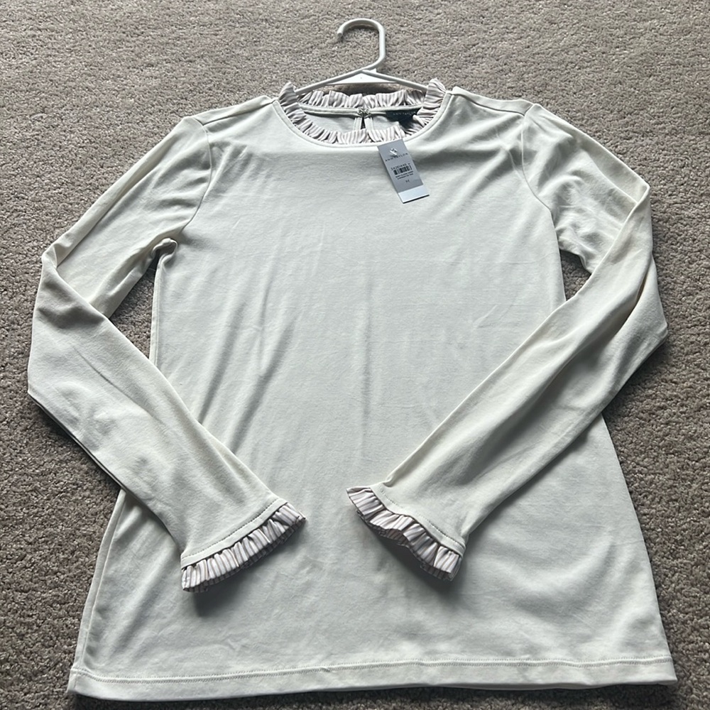 Ann Taylor- Cream Top with ruffled tan striped edges